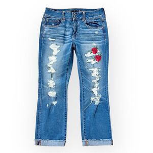 American Eagle Super Stretch Distressed Artist Crop Jean Roses Patch Embellished